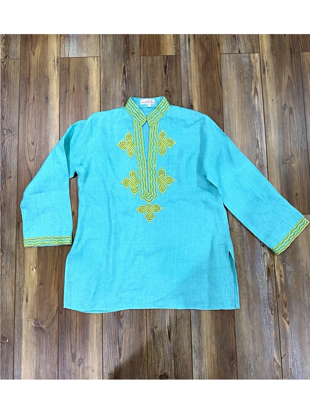 Mary Marshmallow Turquoise Women's Kurta Shirt with Yellow Accent Size L